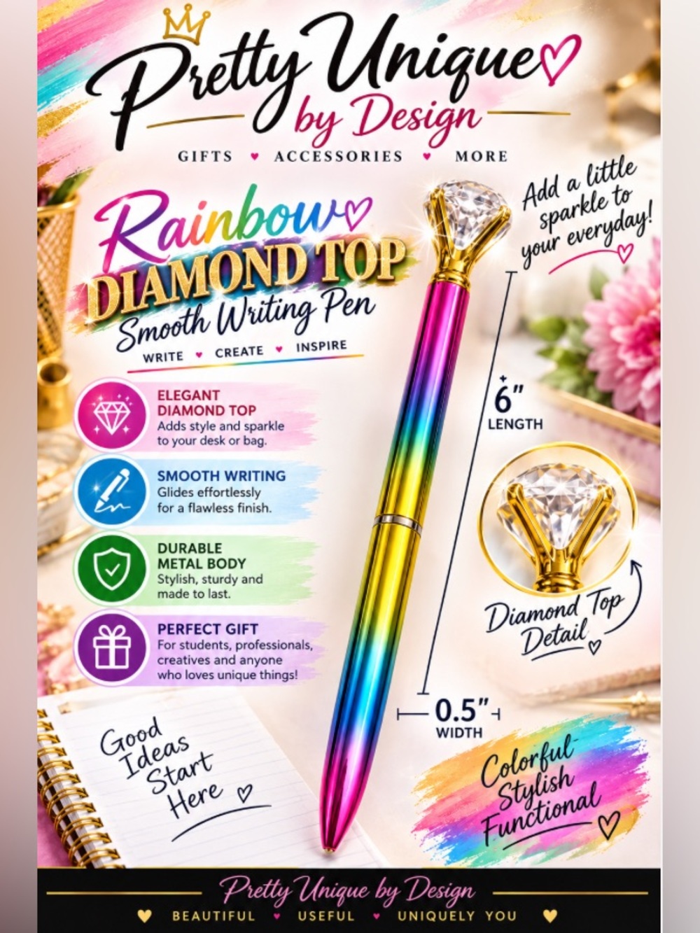 Jot Rainbow Diamond Top Smooth Writing Pen in Pink Gold and Blue.